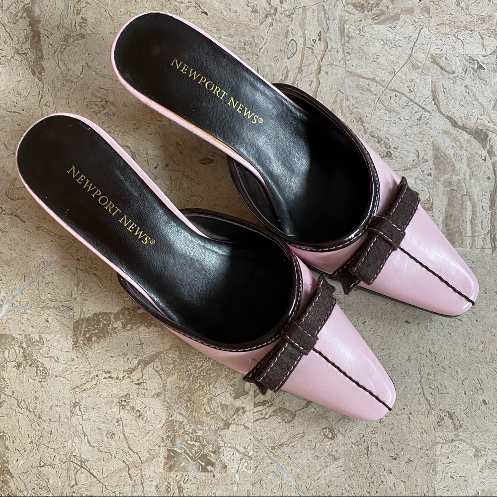 Newport News Vintage Pink/Brown Mules Slip On Bow Medium Heel Size 7 M.